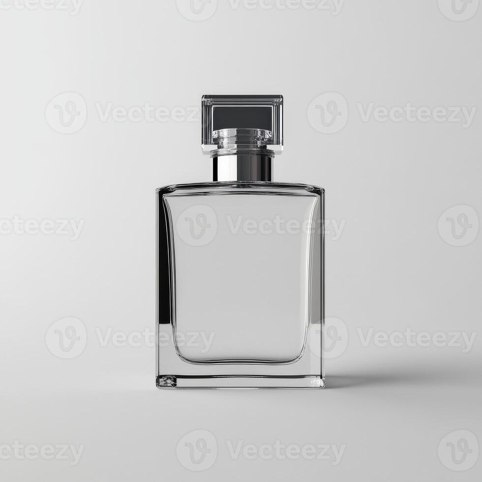 Elegant glass perfume bottle with a minimalist design on a neutral background photo