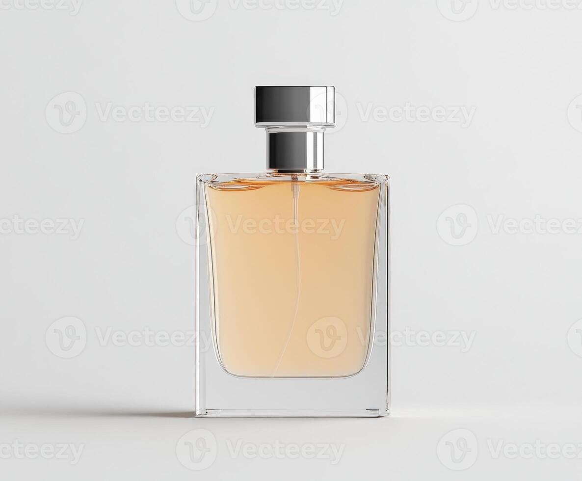 Elegant clear glass perfume bottle filled with light amber fragrance liquid photo