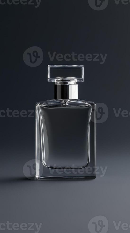 A clear glass perfume bottle stands upright against a dark backdrop photo