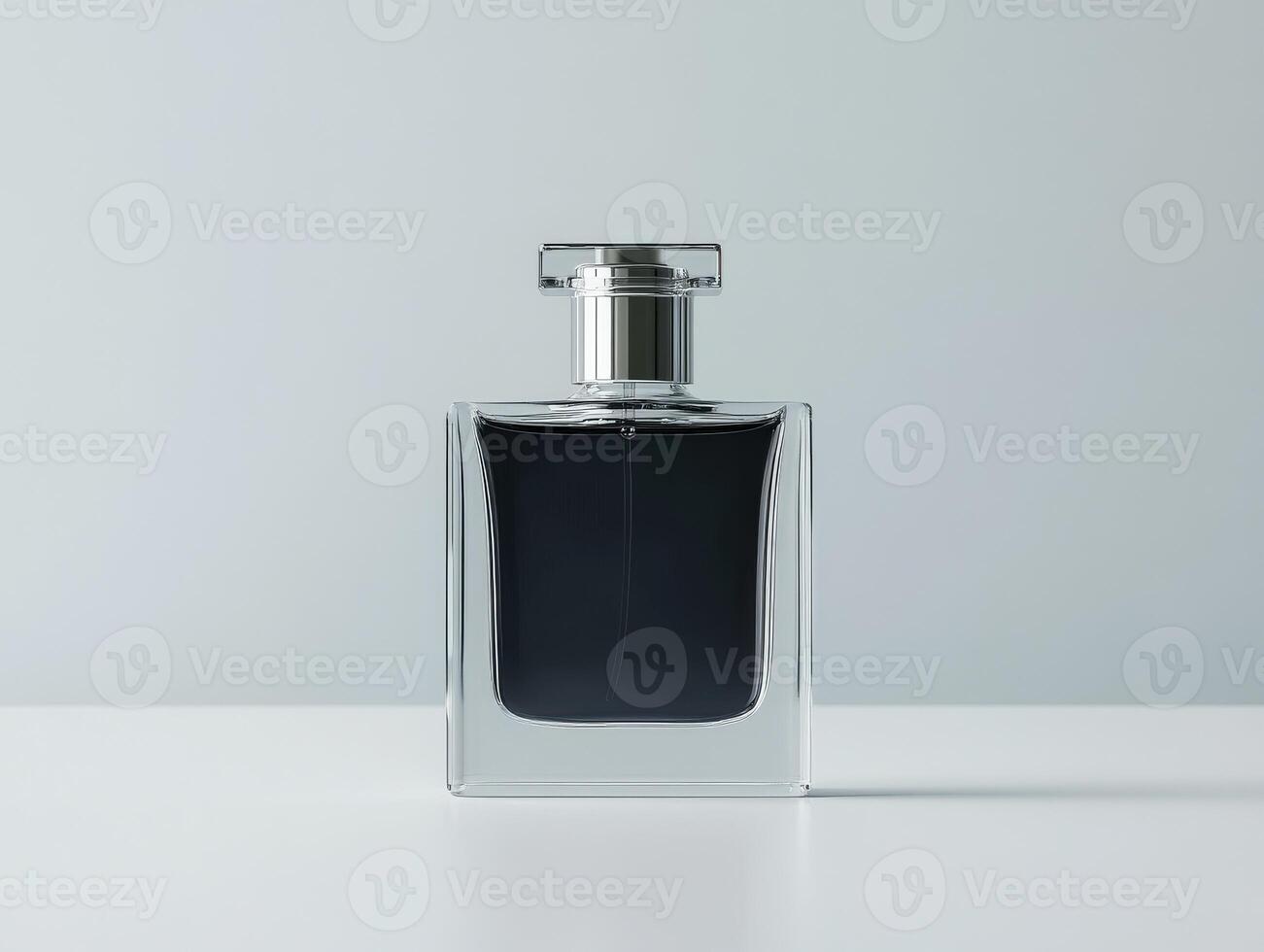 Elegant glass bottle with dark liquid resting on a clean white surface photo
