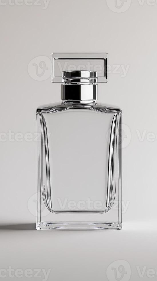 Elegant clear glass perfume bottle with minimalistic design on light background photo