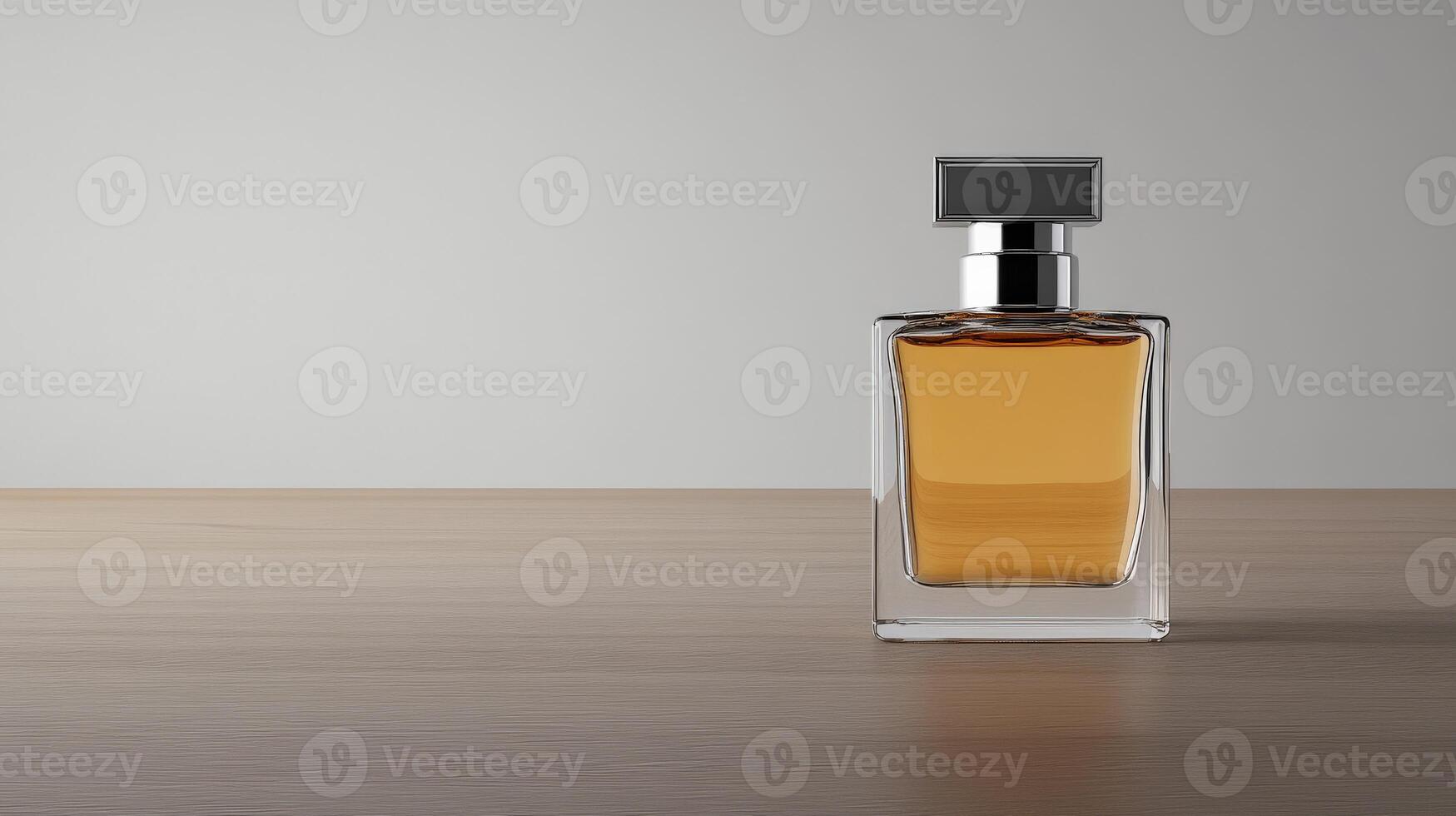Elegant perfume bottle on a wooden surface in soft lighting photo