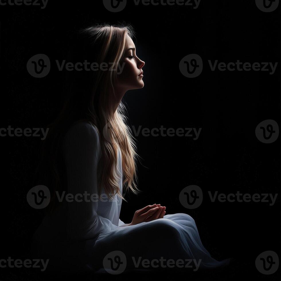 Portrait of a woman in deep contemplation, illuminated against a dark background photo