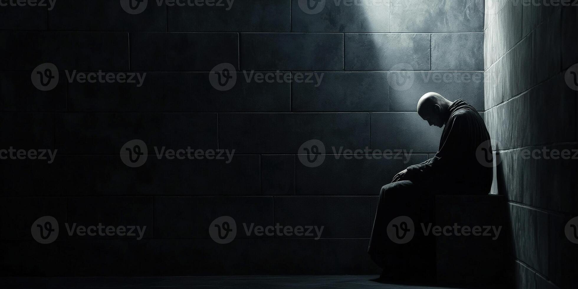 Contemplative monk in solitude reflecting in a dimly lit space photo