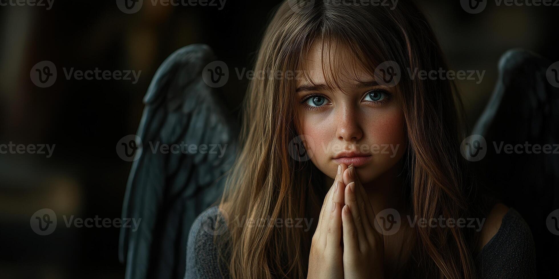 Young girl with angel wings expresses hope and longing in a dimly lit setting photo