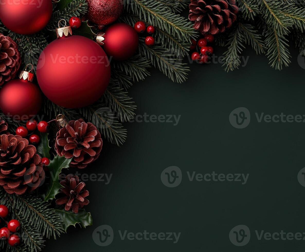 Decorative holiday arrangement with red ornaments and pine cones photo