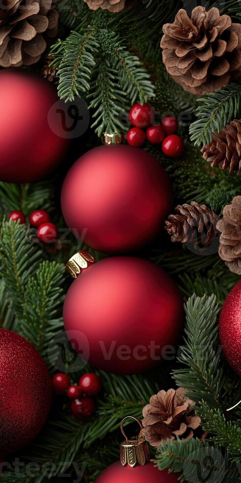 Red ornaments and pinecones arranged in a festive holiday display photo