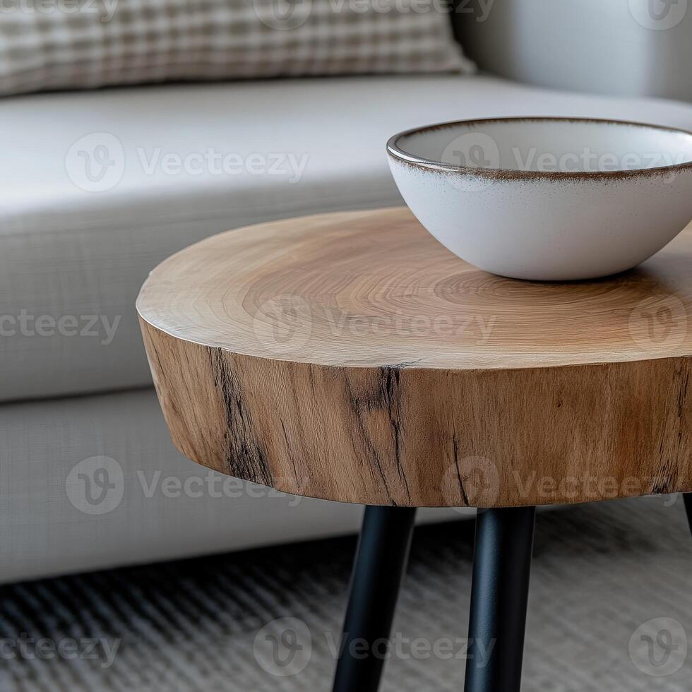 Elegant wooden coffee table with a simple bowl on top in a modern living room photo