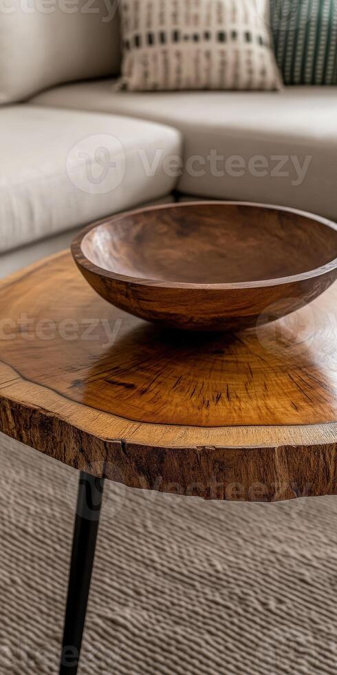 Wooden bowl on rustic table in cozy living room setting with soft lighting photo