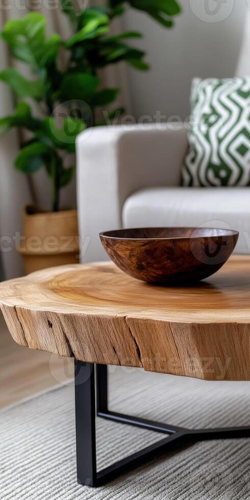 Coffee table with wooden bowl in a modern living room setting photo