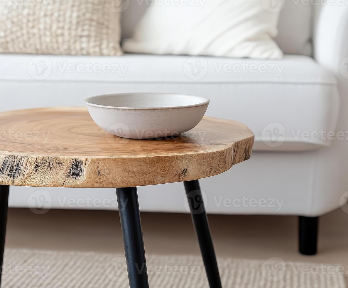 Rustic wooden table with minimalist decor in a modern living room setting photo