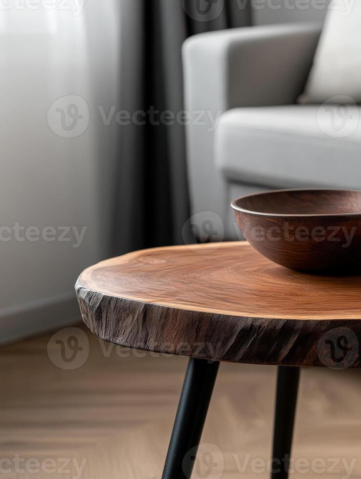 Elegant wooden table with bowl in modern living room setting photo