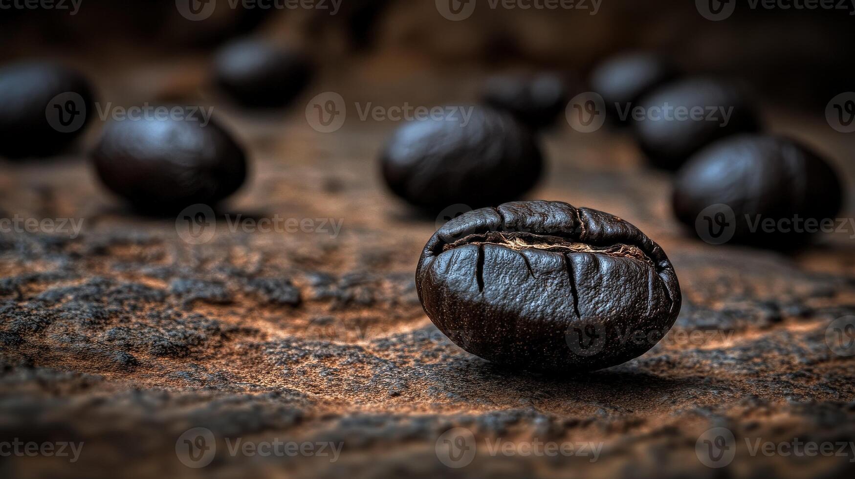 Coffee beans scattered on rustic surface in natural light photo