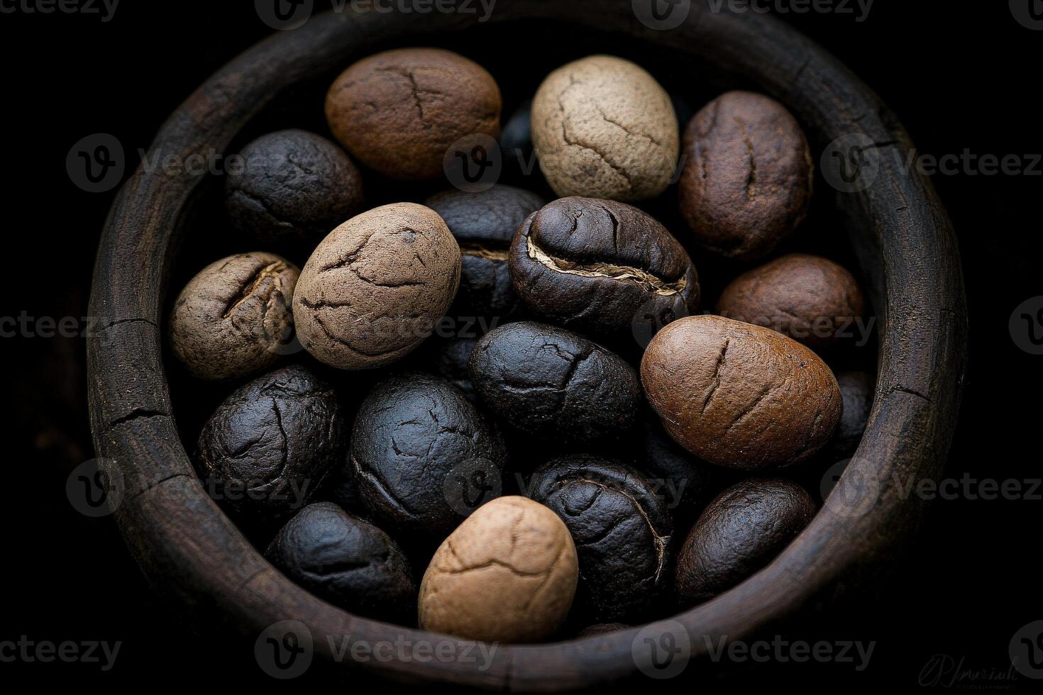 Various types of coffee beans in a rustic wooden bowl on a dark background photo
