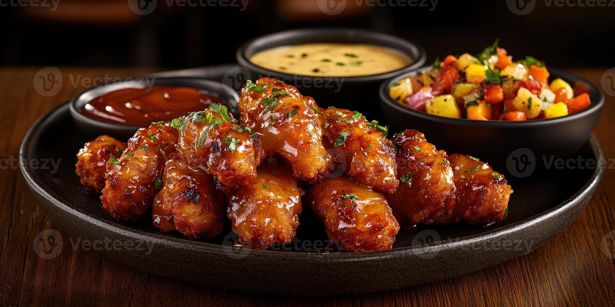 Savory fried snacks served with assorted sauces and fresh salsa photo