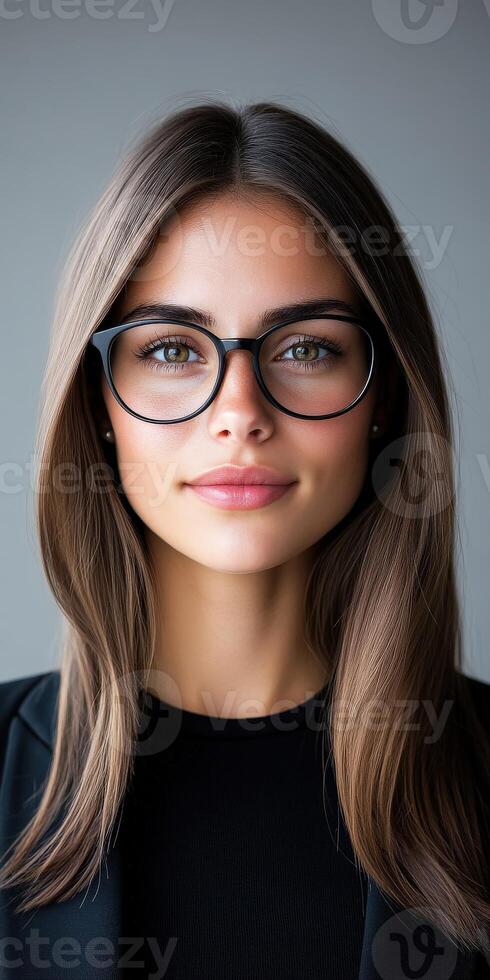 Confident young woman wearing glasses poses for a professional portrait photo