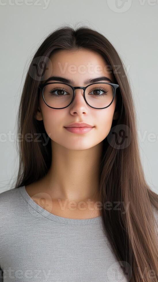 Young woman with long hair and glasses poses for a casual portrait indoors photo