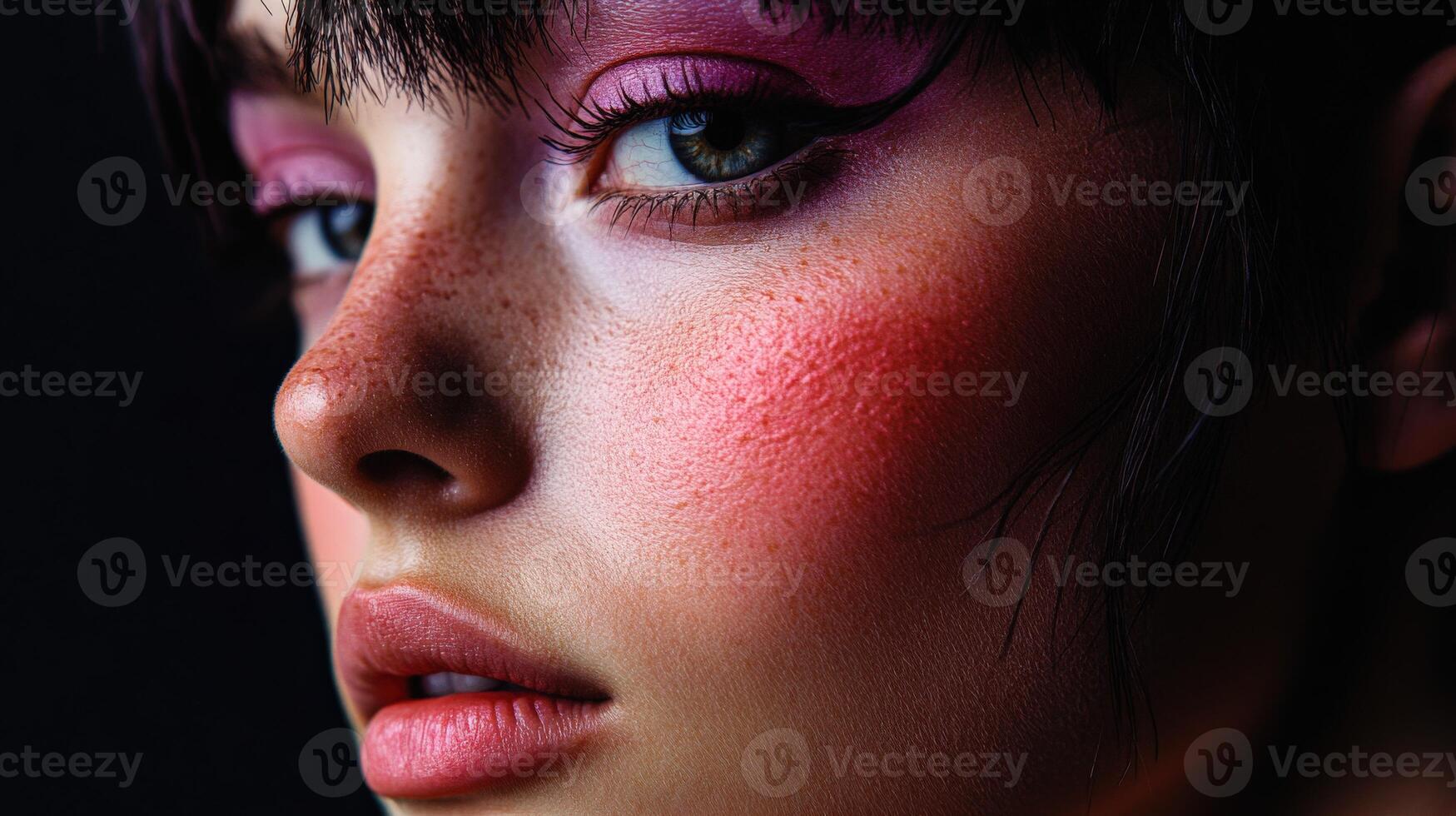 Close-up of a young woman's artistic makeup showcasing vibrant colors photo