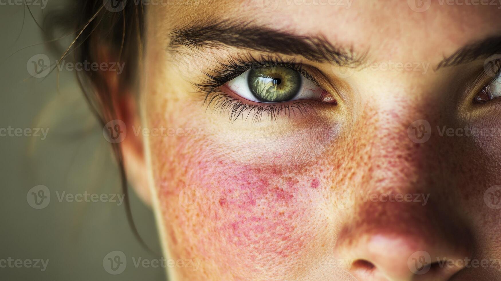 Close-up portrait of a young person with striking green eyes and freckles photo