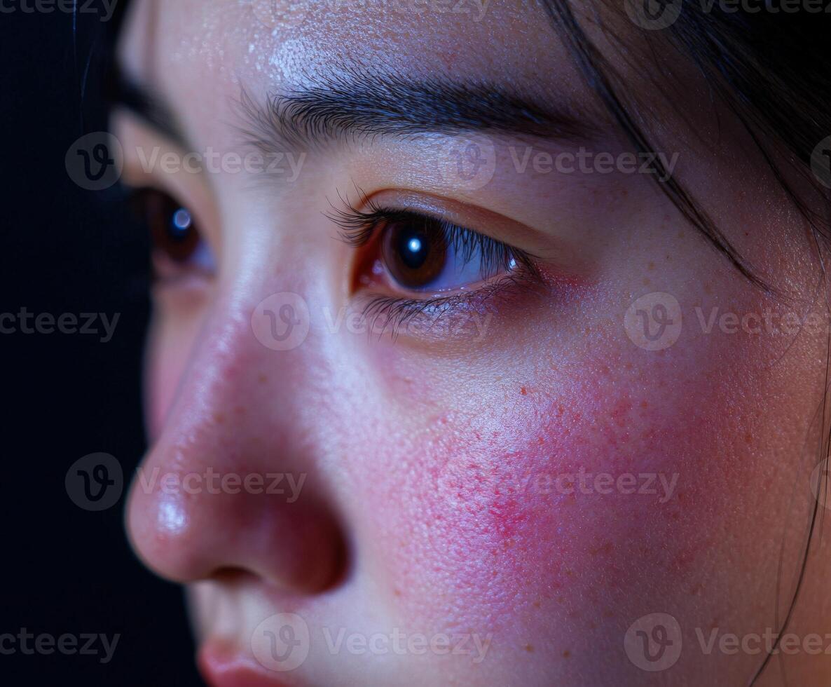 Close-up of a young woman's face capturing emotion and beauty in subtle light photo