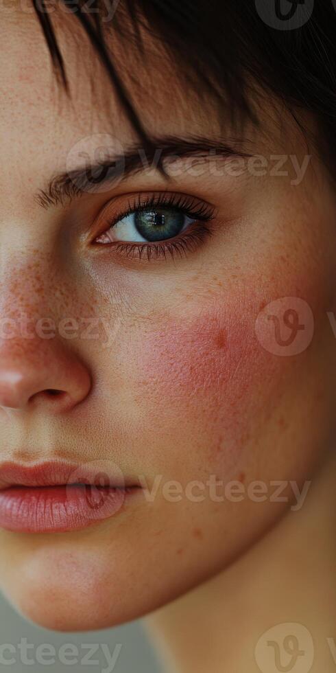 Close-up portrait of a woman with captivating blue eyes and natural beauty photo
