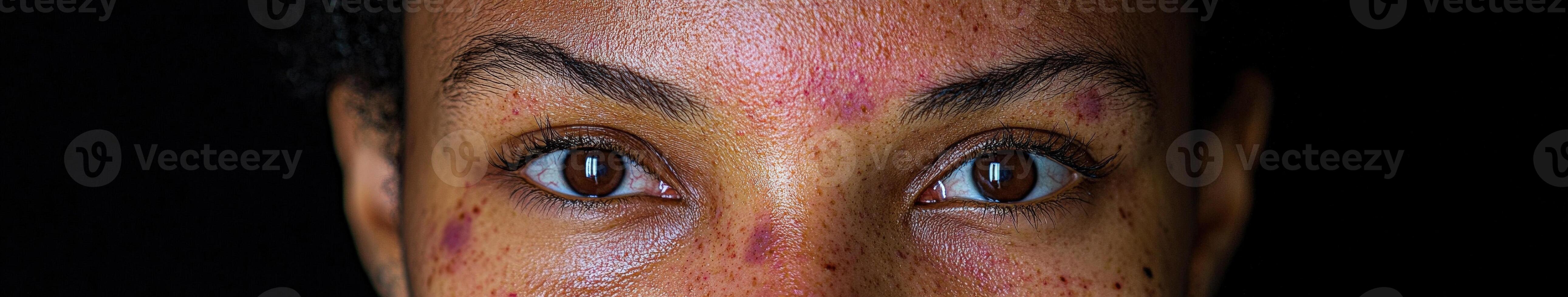 Close-up of a person's face highlighting distinct freckles and eye features photo