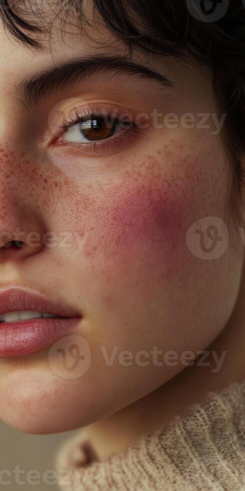 Model showcases natural beauty with freckles and rosy cheeks in close-up photo