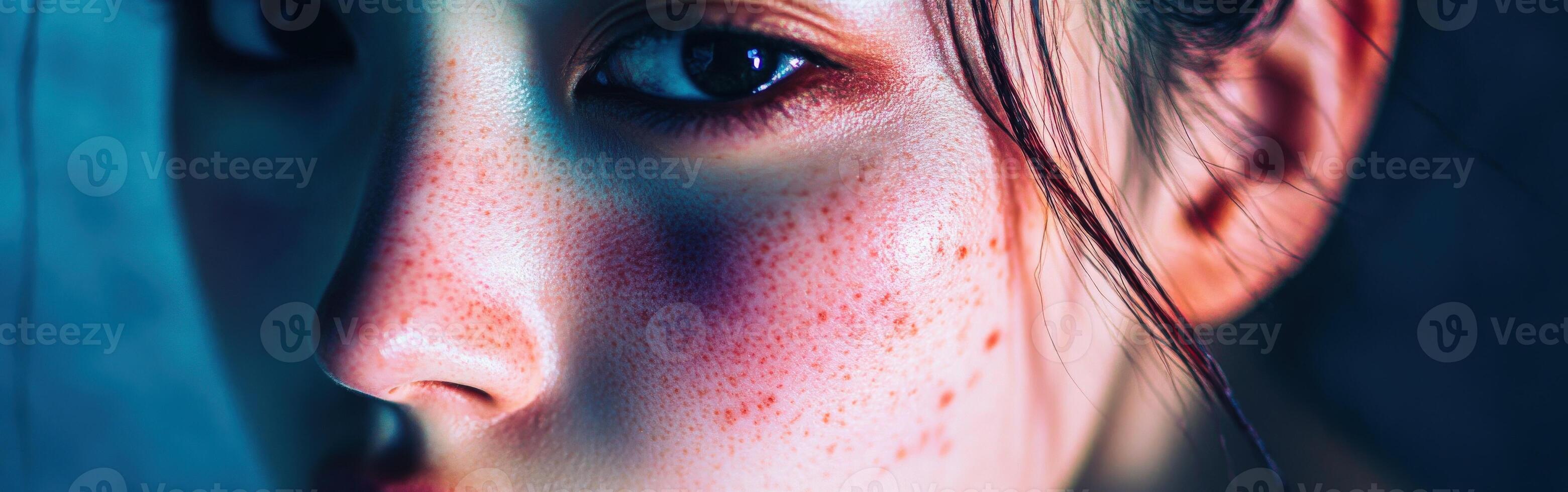 Close-up of a freckled youth with expressive eyes in soft light photo