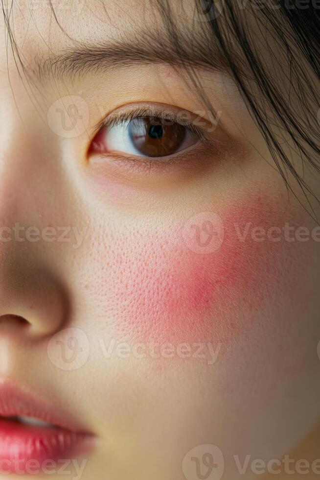 Close-up of a young woman with natural blush highlighting her features photo