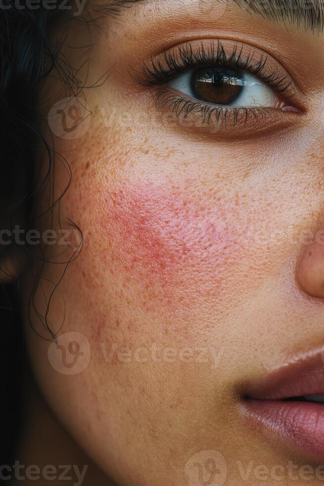 Natural beauty highlighted by skin texture and warm light in close-up view photo