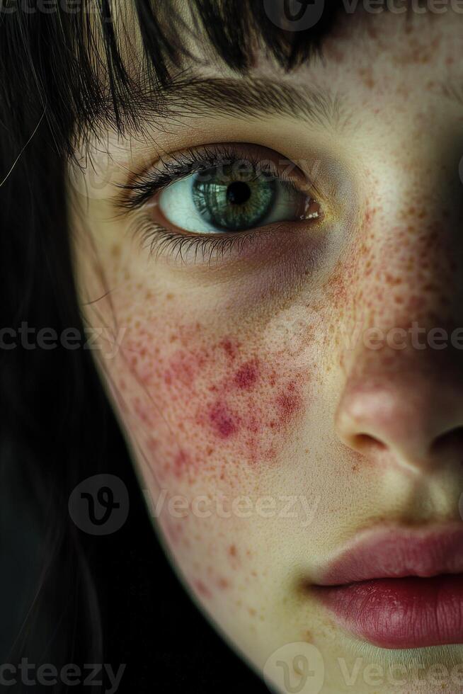 Close-up of a girl's face highlighting unique freckles and vivid eye color photo