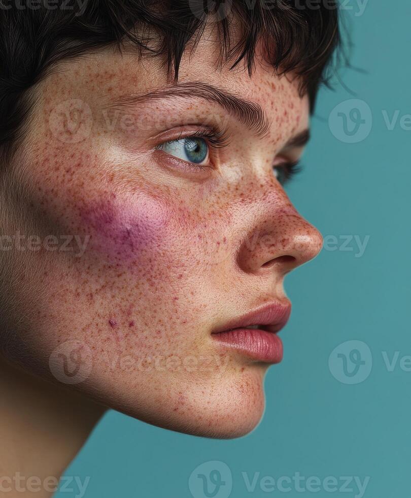 Freckled youth with colorful makeup on a blue backdrop photo