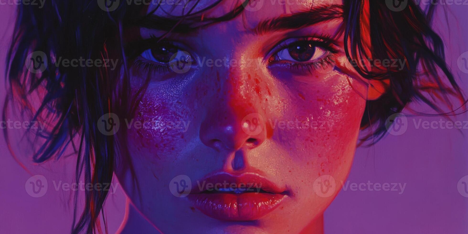 Vibrant portrait of a young woman with bold makeup and colorful lighting photo