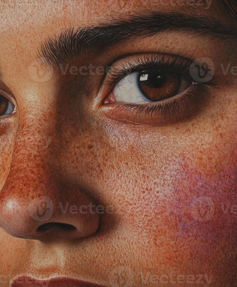 Close-up of an expressive face highlighting detailed skin texture and eye color photo