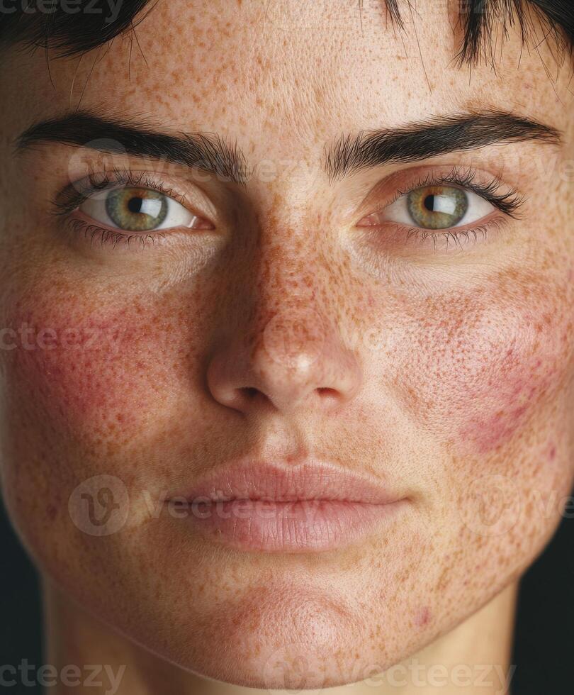 Natural beauty portrait showcasing freckles and vibrant green eyes photo