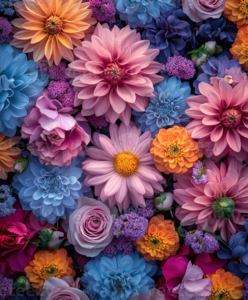 Colorful display of various flowers in vibrant hues and textures photo
