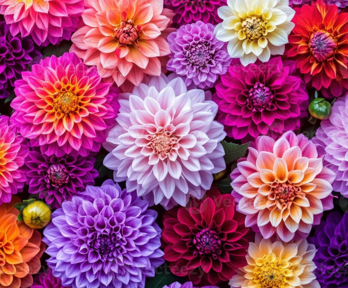 Colorful array of dahlia flowers in vibrant shades and unique patterns photo