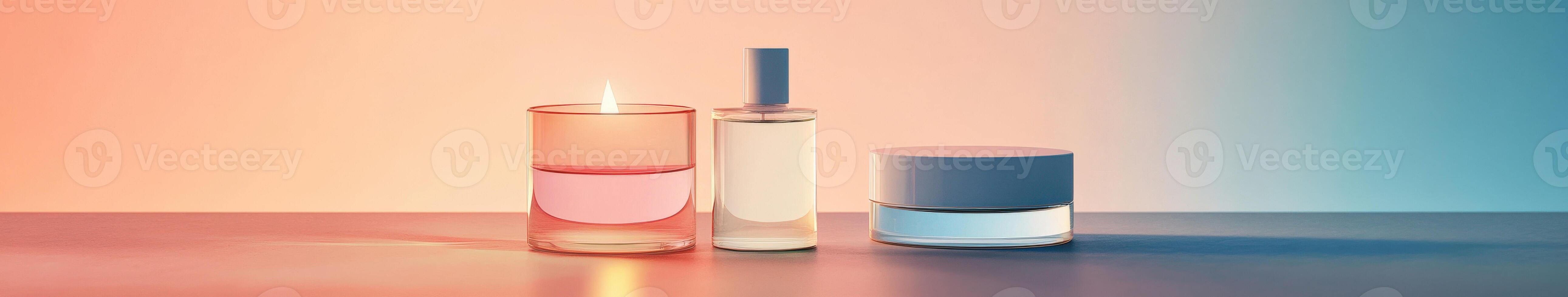 Elegant arrangement of scented candles and skincare products on a table photo