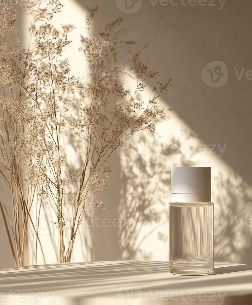 Elegant glass bottle and dried flowers in soft light create serene atmosphere photo