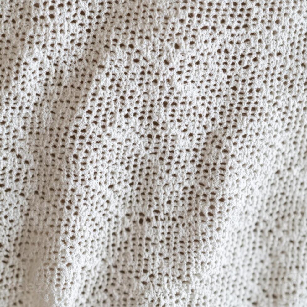 Handcrafted white knitted fabric showcasing intricate patterns and textures photo