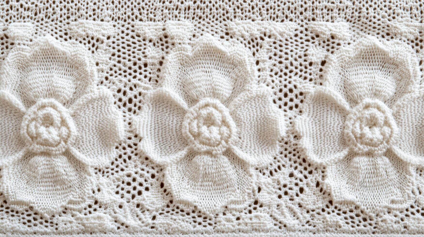 Intricate white knitted fabric featuring floral patterns in soft yarn photo