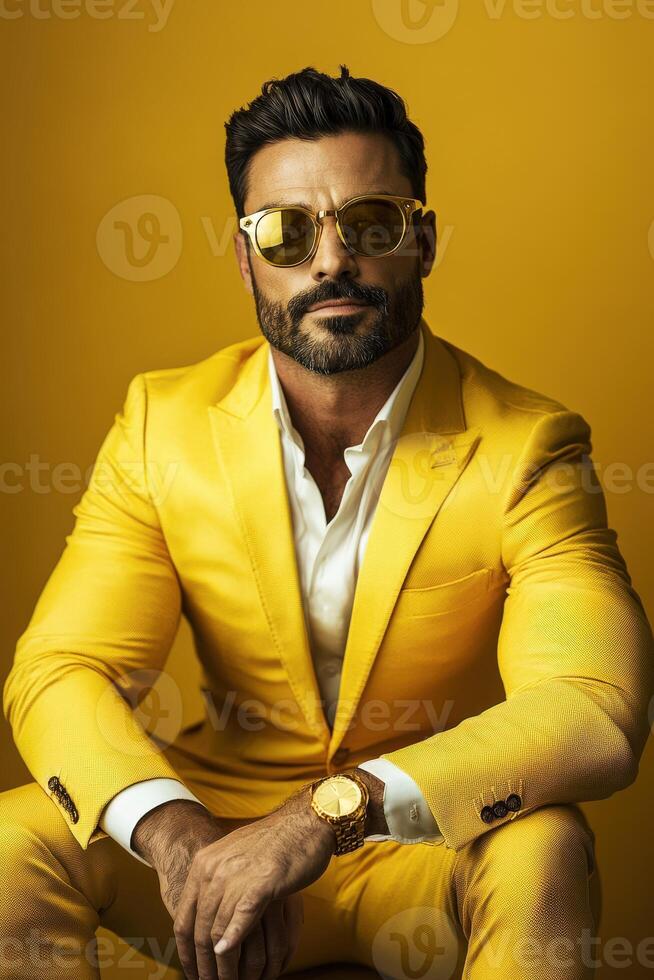 Stylish man in yellow suit with sunglasses poses against bright backdrop photo
