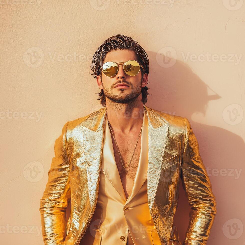 Stylish man in golden suit poses against a beige wall in daytime photo