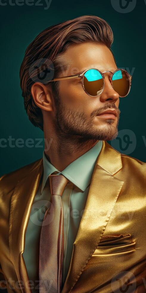 Stylish man in golden suit and sunglasses poses against dark background photo
