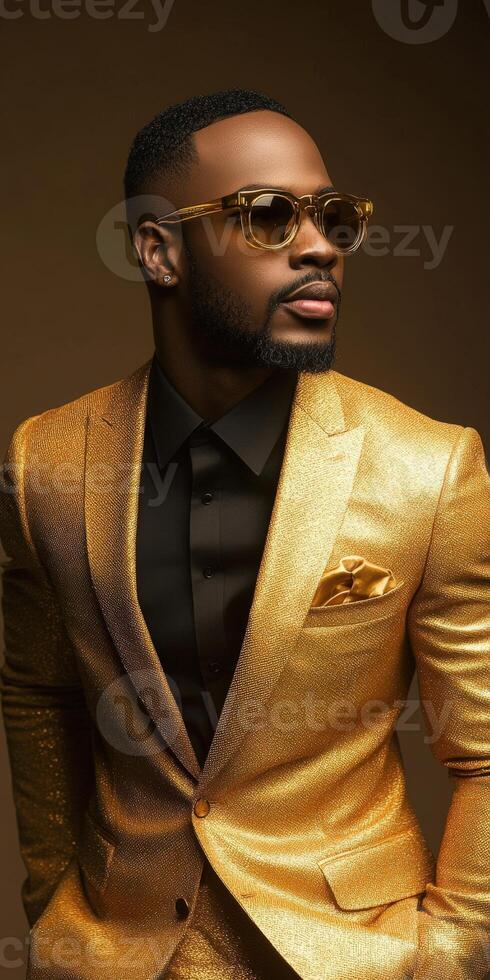 Stylish man in a golden suit poses confidently in an elegant studio setting photo