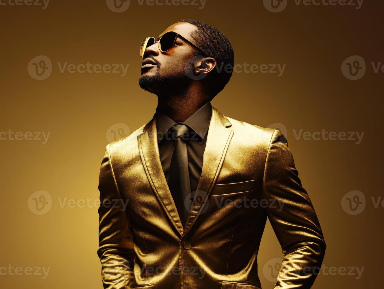 Stylish man in a gold suit poses confidently against a glowing backdrop photo