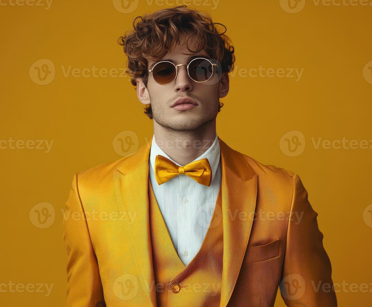 Man in yellow suit and shades poses confidently against bright backdrop photo