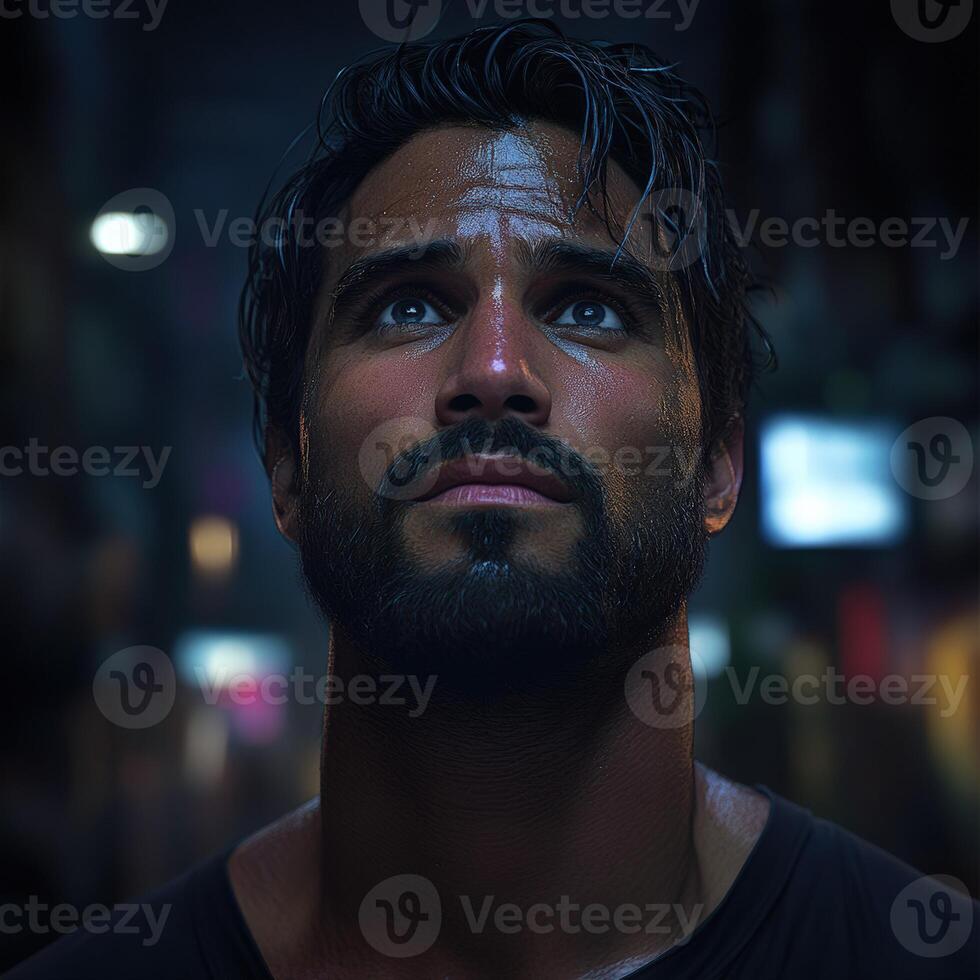 Man looking up in a vibrant urban setting at night while contemplating life photo