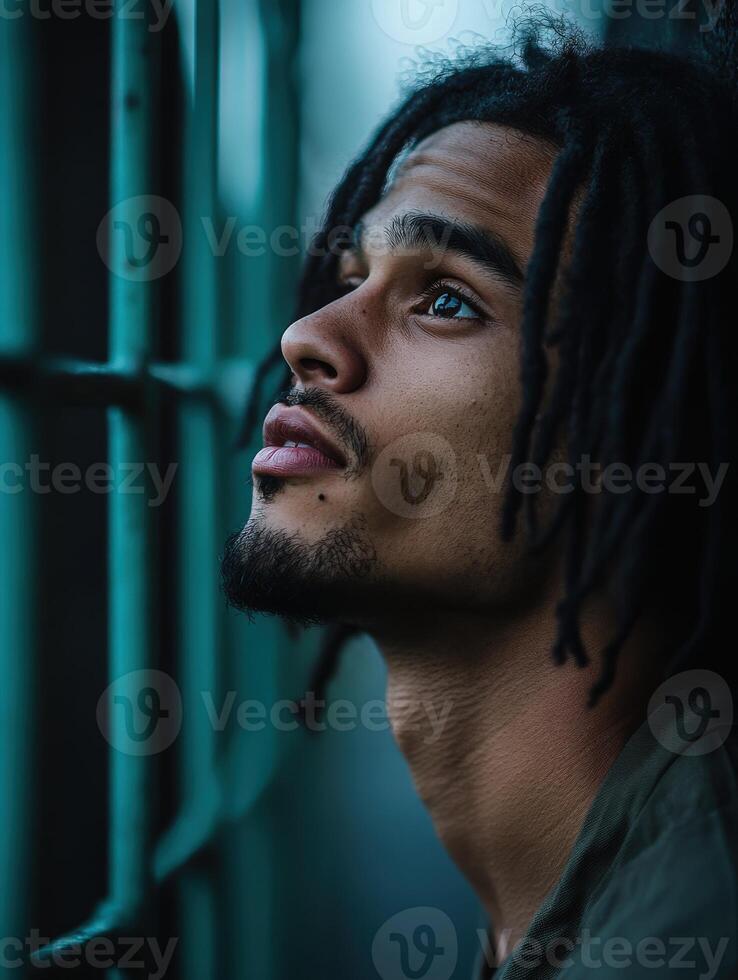 Man with dreadlocks gazes thoughtfully through barred window at dusk photo