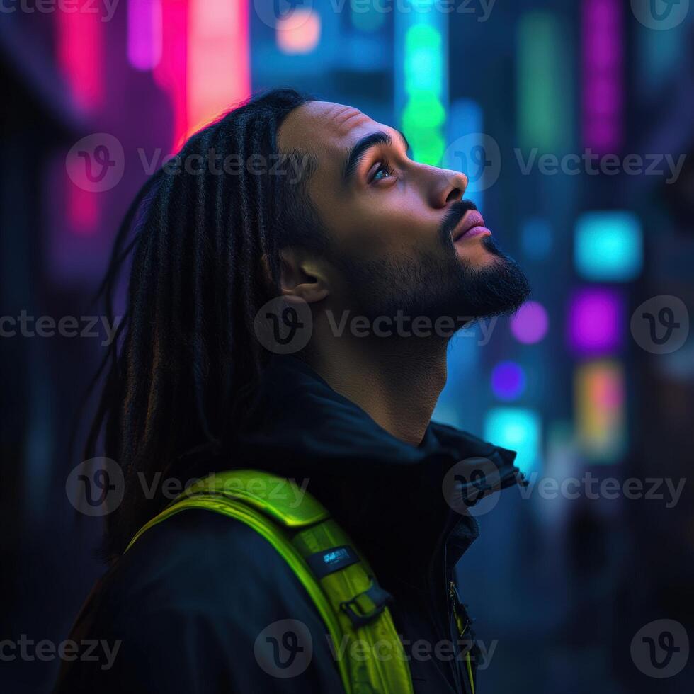 Man gazes upward in a vibrant, neon-lit city at night photo